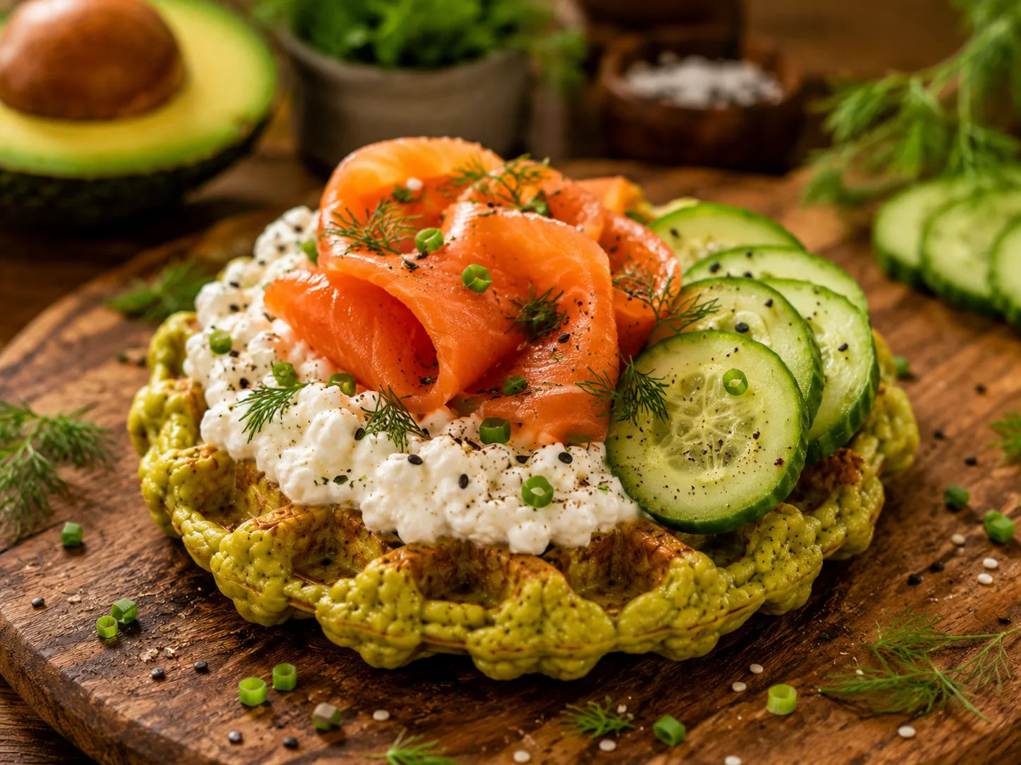 Gaufre avocat, saumon & cottage cheese